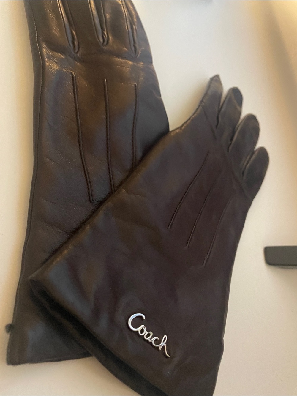 Coach  woman Brown Leather Gloves with Script Logo cashmere lining